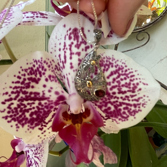 SS/18K Gold Bali garnet pendant necklace - Picture 7 of 9